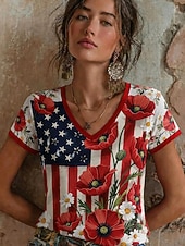 abordables Día de la Independencia Top-día de la independencia americana Mujer Camiseta Estampado Floral Graphic Letra Elegante Clásico Casual Manga Corta Escote en Pico Tops regulares Casual Diario Azul Piscina Negro Rojo Azul Marino
