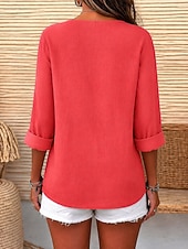  Women's Cotton Linen Shirts Blouse Buttons Solid Color Daily Casual 3/4 Length Sleeve V Neck Regular Tops Daily Black White Red Orange Green Summer Spring Fall