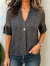 economico Bluse Semplici-Per donna Camicia Blusa Traforato Bottoni Tinta unica Semplice Vintage Elegante Casual Manica Corta Scollo a V Top Regolari Casuale Quotidiano Nero Bianco Rosa Verde Estate Primavera