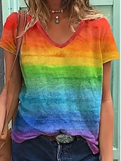 abordables Camiseta de Arte &amp; Diseño-Mujer Camiseta Estampado Ombre Geométrico Degradado Elegante Clásico Casual Manga Corta Escote en Pico Tops regulares Casual Diario Azul Piscina Rosa Naranja Rosa Brillante Verano Primavera
