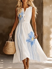 abordables Robes décontractées-Femmes Robe Midi Robe d'été Vacances Quotidien Plage Soirée Coupe régulière Fleuri Sans manches Col en V Bleu Blanche Jaune Rose Claire Été Printemps