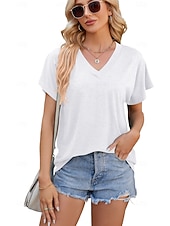 cheap Plain tee-Women's T Shirt Tee Top Solid Color Elegant Fashion Short Sleeve Raglan Sleeves V Neck Regular Tops Casual Daily Summer claret Cailan Black White Navy Blue Summer