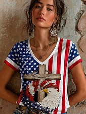abordables Día de la Independencia Top-día de la independencia americana Mujer Camiseta Estampado Floral Graphic Letra Elegante Clásico Casual Manga Corta Escote en Pico Tops regulares Casual Diario Azul Piscina Negro Rojo Azul Marino
