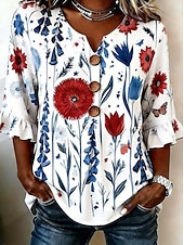  día de la independencia americana Mujer Camisa camisa boho Camisa casual Graphic Bandera Elegante Bohemia Vacaciones Manga 3/4 Escote en Pico Tops regulares Casual Blanco y rojo Patrón blanco Rojo