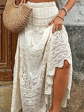 economico Gonne da Vacanza-Per donna Cotone Bohemien Maxi Vita Alta Gonne Pizzo Foro Micro-elastico Albicocca Estate