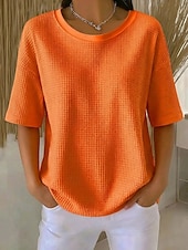 abordables Camiseta lisa-Mujer Camisa de gofres Camiseta Tee Tops de punto gofre Color sólido Clásico Moderno Casual Manga Corta Cuello Barco Tops regulares Diario Festivos Noche Negro Blanco Amarillo Rosa Vino Verano