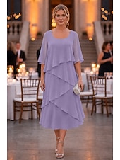 economico Lunghezza del tè-abito a tubino a colonna lunghezza tè abito da festa abito da cocktail abito da invitata a nozze abito da madre della sposa mezza manica scollo a U elegante formale chiffon con volant