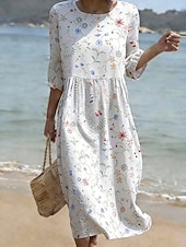 cheap Floral Dress-Women's Midi Dress Sundress Vacation Casual Boho Beach Holiday Regular Fit Floral Graphic 3/4 Length Sleeve Crew Neck White Pink Dusty Rose Green Summer Spring