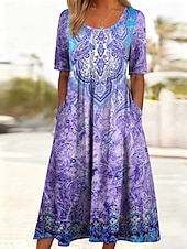 cheap Casual Floral Dresses-Women's Midi Dress Shift Dress Vacation Casual Boho Daily Summer Dress Spring Dress Regular Fit Floral Graphic Paisley Short Sleeve Crew Neck Blue Purple Green Summer Spring Fall Winter