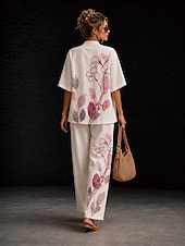 cheap Women's Blouse Suits-Women's Shirt Cotton Linen Sets Pants Sets Short Sleeve V Neck Floral Graphic Geometric Print Vacation Fashion Streetwear Casual Daily Outdoor Yellow Pink Dusty Rose Spring &amp; Summer Loose Fit