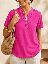 cheap Plain Blouses-SoftFade™ Women's 100% Cotton Henley Shirt Solid Color Vintage Fashion Stylish Short Sleeve V Neck Regular Tops Casual Beach Blue Khaki Black Purple Orange Summer Spring