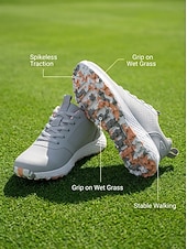 abordables Zapatos de Golf para Mujeres-Zapatillas de golf grises para mujer, cómodas, con cierre de dial, impermeables y sin tacos, ideales para principiantes y para practicar.