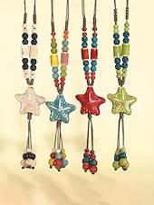 tanie Naszyjnik damski-Naszyjnik z wisiorkiem w kształcie gwiazdy w stylu boho dla kobiet, ręcznie robione kolorowe ceramiczne koraliki, regulowana biżuteria na długim łańcuszku na ogrodowe przyjęcie, wakacje na plaży,