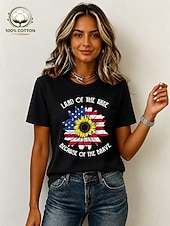 baratos Dia da Independência Top-Dia da Independência Americana Mulheres 100% Algodão Camiseta Imprimir Gráfico Bandeira americana Vintage à moda Casual Manga Curta Gola Redonda Tops regulares Casual Diário Final de semana Azul