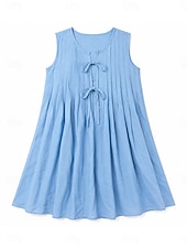 cheap Plain Dress-Womens Vintage Vacation Lace Up Plain Pleated Sleeveless Cotton Dress Blue White Yellow Red Summer
