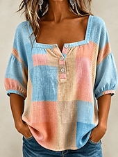 abordables Arte &amp; Diseño Blusas-Mujer Blusa Estampado Graphic Geométrico Diario Elegante Casual Media Manga Escote Cuadrado Tops regulares Casual Diario Rosa Morado Naranja Verano Primavera