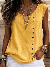  Dames Overhemden met linnenlook T-shirt Overhemd van imitatie linnen Knop Effen Kleur Modieus Stijlvol Klassiek Mouwloos Strakke ronde hals Vierkante hals Ronde hals Lange tops Casual Dagelijks