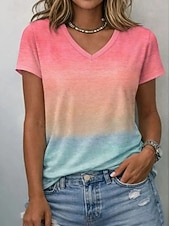 abordables Camiseta de Arte &amp; Diseño-Mujer Camiseta Estampado Ombre Geométrico Degradado Elegante Clásico Casual Manga Corta Escote en Pico Tops regulares Casual Diario Azul Piscina Rosa Naranja Rosa Brillante Verano Primavera