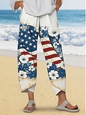 billige Uavhengighetsdag Bukser-amerikansk uavhengighetsdag dame chinos med vide ben, baggy bukser, strandshorts, ferie, vintage, etnisk stil, ankellange bukser med høy midje, blomster, grafisk trykk, trykk, termisk, varm komfort,