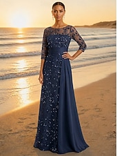 preiswerte A-Linie Abendkleider-A-Linie Bodenlang Ballkleid mit Cape Abendkleid Elegant Glitzernd Glitzern Langarm Rundhalsausschnitt Abschlussball Hochzeit Satin Tüll mit Glitzer Paillette Perlenbestickt