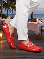 cheap Men-Men's Red Loafers for Resort Evenings - Lightweight Comfort Slip-On Dress Shoes - Elegant Vacation Footwear for Seaside Dinners, Holiday Parties and Smart Casual Evening Wear