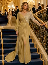 economico Abiti da ballo-Sirena Tromba Strascico da Corte Abito da Sera Abito da ballo con sopragonna Abito formale Elegante Manica Lunga Scollo Illusione Formale Con Paillettes con Pieghe Paillettes