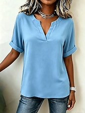 abordables Blusas Sencillas-Mujer Blusa Color sólido Vintage Elegante Básico Manga Corta Escote en Pico Tops regulares Casual Diario Blanco Rosa Rojo Morado Verano Primavera