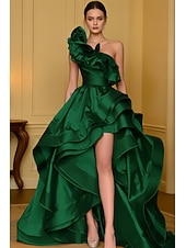 preiswerte Empire-Waist-Abendkleider-A-Linie Asymmetrisch Abiballkleider Abendkleid Ballkleid Festliche Kleidung Elegant Hoher Schlitz Ärmellos Ein-Schulter Hochzeit Formell Satin mit Rüschen Schlitz