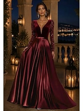 cheap A-Line Evening Dresses-A-Line Floor Length Formal Dresses Mother of the Bride Dress Evening Gown Formal Dress Elegant Glittering Sparkle Long Sleeve V Neck Wedding Formal Satin Sequined with Solid Color