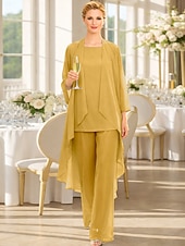 abordables Trajes de pantalón de mamá-Traje de pantalón Traje de 3 piezas Hasta el Suelo Vestido de Madrina Sin Mangas Barco de cuello Elegante Talla Grande Bolero incluido Invitado a la boda Gasa Vestidos de chaqueta con Un Color