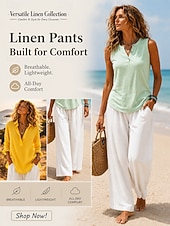  Women's Linen Pants Trousers Summer Pants Baggy Pants Vacation Basic Casual Full Length High Waist Plain Pocket Wide Leg Elastic Waistband Soft Comfortable Breathable Stretchy Beach Holiday Blue