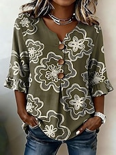  Per donna Camicia Camicia Boho Camicia casual Floreale Grafico Elegante Bohemien Attivo Manica 3/4 Scollo a V Top lunghi Casuale Stampa bianca Verde salvia Verde scuro Azzurro Estate Primavera