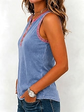 abordables Réservoir Simple-Femmes Coton lavé 100% Coton Débardeur caraco Patchwork Boutons ancien Sans manches Hauts Réguliers Bleu Été Printemps