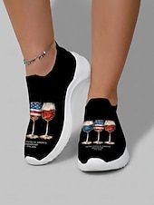  Tênis slip-on feminino com estampa de taça de vinho dos EUA – calçado leve e branco com estampa patriótica, ideal para o Dia da Independência, desfiles e festivais de verão. &roupas casuais de rua