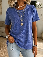  T-shirt femme softfade™ 100 % coton, style vintage, délavé, manches courtes, col rond, coupe classique, bleu.