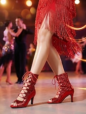 baratos Sapatos de Dança Latina-Botas de dança latina femininas vermelhas com glitter – sapatos de salto alto com cadarço e bico aberto para salsa e dança de salão. &amp;dança de tango