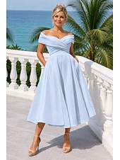 abordables Vestidos de cóctel-Corte A Vestido Midi Vestidos de coctel Vestidos de fiesta Vintage 1950s Sin Mangas Hombros Caídos Invitado a la boda Tul con Plisado