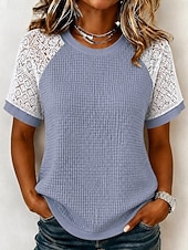 cheap Lace Tops-Women's Eyelet Top Lace Splicing Top Contrast Lace Lace Elegant Bohemia Stylish Short Sleeve Crew Neck Long Tops Casual Daily Going out Black White Gray Summer Spring