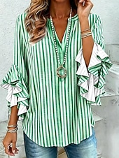 cheap Stripe&amp;Geometric Blouses-Women's Shirt Blouse Ruffle Print Graphic Geometric Striped Vacation Daily Retro Vintage Half Sleeve V Neck Regular Tops Daily Holiday Going out Blue Pink Green Grey Summer Spring Fall