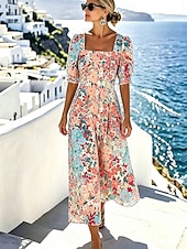  Damskie Sukienka midi Codzienne sukienki Sukienka A line Elegancja Urlop Elegancki Plaża Święto Regularny Kwiaty Graficzny Rękaw 1/2 Półgolf Niebieski Czerwony Pomarańczowy Lato Wiosna