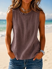  Mujer Camisa Textura Volante Color sólido Plano Vintage Sin Mangas Cuello Barco Tops regulares Casual Café marrón Negro Amarillo Verde Trébol Gris Oscuro Verano Primavera