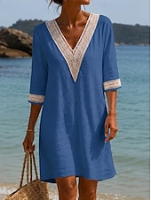 cheap Plain Dress-Women's Knee Length Dress Lace Dress White Dress Summer Dress Elegant Fashion Daily Beach Vacation Regular Fit Plain Half Sleeve V Neck Blue Khaki White Orange Summer Spring