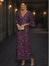 baratos Comprimento do tornozelo-Linha A Vestidos Longo Até o Tornozelo Vestido Coquetel Vestido Para Mãe dos Noivos Manga Longa Decote V Elegante Luxuoso Brilho &amp; Glitter Formal Convidado do casamento Semi formal Renda com Miçangas
