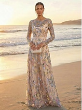 voordelige Vloerlengte-A-lijn Jurken Tot de grond Feestjurk Cocktail jurk Moeder van de bruid jurk Lange mouw Strakke ronde hals Elegant Vintage Luxueus Formeel Bruiloft gast Kentucky Derby Chiffon Tule met Borduurwerk
