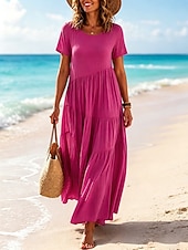 cheap Plain Dress-Women's Vintage Crew Neck Ruffle Pleated Asymmetric Maxi Dress Khaki Black White Pink Summer