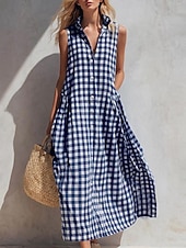 economico Abiti a Strisce e Geometrici-Per donna Abito maxi Abito Boho Vintage Vacanza Vestibilità comoda Plaid Senza Maniche Colletto a Camicia Blu chiaro Giallo Verde chiaro Rosso Estate