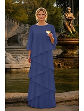 abordables Largo del piso-Funda Columna Hasta el Suelo Vestido Invitada Boda Vestido formal Vestido de noche Vestido de Madrina Manga 3/4 Cuello Barco Elegante Formal Gasa con Volantes