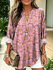 abordables Blusas Florales-Mujer Blusa Estampado Floral Graphic Vintage Diario Elegante Manga Larga Escote en Pico Tops regulares Casual Diario Rojo Morado Verano Primavera