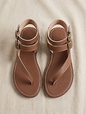 cheap Women-Women's Retro Leather Strappy Sandals - Casual Thong Flat Gladiators with Adjustable Ankle Buckle Straps for Island Vacation, Beach &amp; Cruise