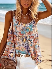preiswerte Grafiktank-Damen Hemd Bluse Druck Grafik Geometrisch Paisley-Muster Bohemien Vintage Tropisch Ärmellos Träger Normale Oberteile Lässig Täglich Khaki Rote Dunkelgrün Purpur Braun Sommer Frühling
